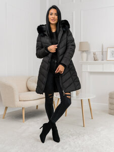 Bolf Damen Lange Gepolsterte Winterjacke Mantel mit Kapuze Schwarz  16M9195