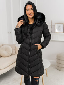 Bolf Damen Lange Gepolsterte Winterjacke Mantel mit Kapuze Schwarz  16M9195