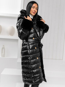 Bolf Damen Lange Gepolsterte Winterjacke Mantel mit Kapuze Schwarz  5M3160