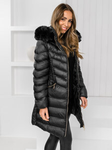 Bolf Damen Lange Gepolsterte Winterjacke Mantel mit Kapuze Schwarz  5M3162