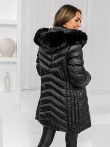 Bolf Damen Lange Gepolsterte Winterjacke Mantel mit Kapuze Schwarz  5M3162