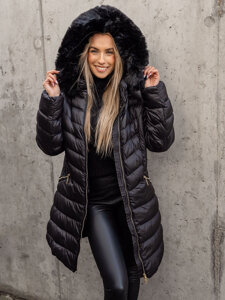 Bolf Damen Lange Gepolsterte Winterjacke Mantel mit Kapuze Schwarz  5M3162B