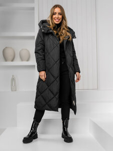 Bolf Damen Lange Gepolsterte Winterjacke Mantel mit Kapuze Schwarz  5M3173