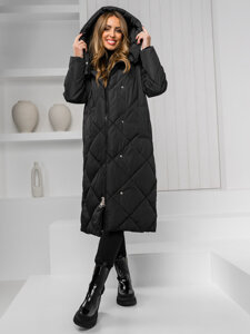 Bolf Damen Lange Gepolsterte Winterjacke Mantel mit Kapuze Schwarz  5M3173