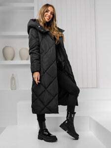 Bolf Damen Lange Gepolsterte Winterjacke Mantel mit Kapuze Schwarz  5M3173