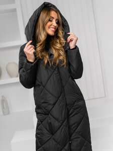 Bolf Damen Lange Gepolsterte Winterjacke Mantel mit Kapuze Schwarz  5M3173