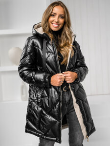 Bolf Damen Lange Gepolsterte Winterjacke Mantel mit Kapuze Schwarz  5M3189