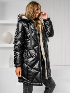 Bolf Damen Lange Gepolsterte Winterjacke Mantel mit Kapuze Schwarz  5M3189