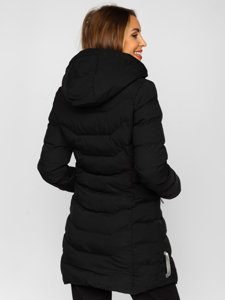 Bolf Damen Lange Gepolsterte Winterjacke Mantel mit Kapuze Schwarz  7075