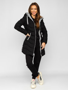 Bolf Damen Lange Gepolsterte Winterjacke Mantel mit Kapuze Schwarz  7075