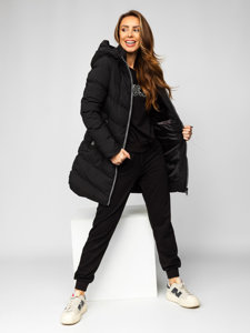 Bolf Damen Lange Gepolsterte Winterjacke Mantel mit Kapuze Schwarz  7089