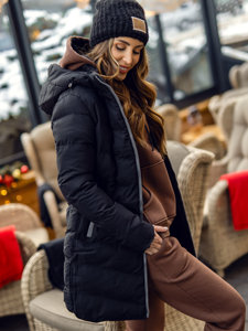 Bolf Damen Lange Gepolsterte Winterjacke Mantel mit Kapuze Schwarz  7089A