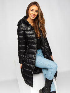 Bolf Damen Lange Gepolsterte Winterjacke Mantel mit Kapuze Schwarz  MB0276