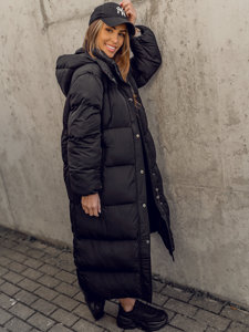 Bolf Damen Lange Gepolsterte Winterjacke Mantel mit Kapuze Schwarz  R6702A