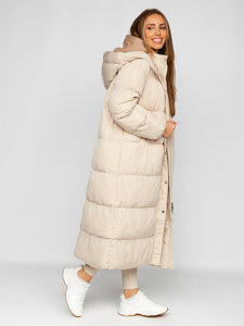 Bolf Damen Lange Gepolsterte Winterjacke mit Kapuze Beige  R6702