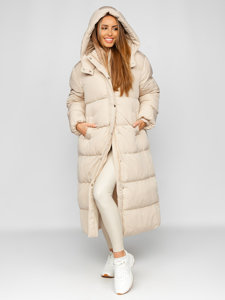 Bolf Damen Lange Gepolsterte Winterjacke mit Kapuze Beige  R6702