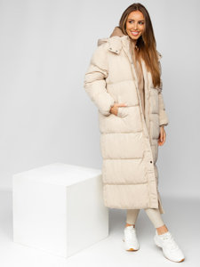 Bolf Damen Lange Gepolsterte Winterjacke mit Kapuze Beige  R6702