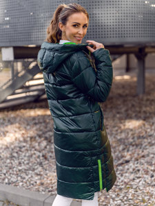 Bolf Damen Lange Gepolsterte Winterjacke mit Kapuze Grün  J9063