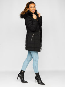 Bolf Damen Lange Gepolsterte Winterjacke mit Kapuze Schwarz  16M9061