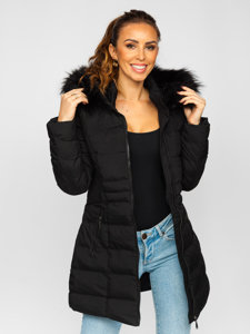 Bolf Damen Lange Gepolsterte Winterjacke mit Kapuze Schwarz  16M9061