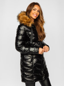 Bolf Damen Lange Gepolsterte Winterjacke mit Kapuze Schwarz  5M778