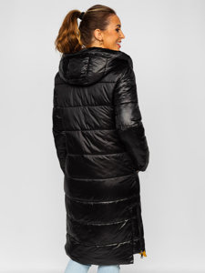 Bolf Damen Lange Gepolsterte Winterjacke mit Kapuze Schwarz  J9063