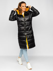 Bolf Damen Lange Gepolsterte Winterjacke mit Kapuze Schwarz  J9063