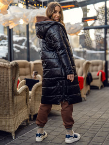 Bolf Damen Lange Gepolsterte Winterjacke mit Kapuze Schwarz  J9063A