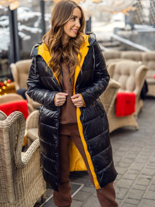 Bolf Damen Lange Gepolsterte Winterjacke mit Kapuze Schwarz  J9063A