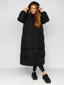 Bolf Damen Lange Gepolsterte Winterjacke mit Kapuze Schwarz  R6702