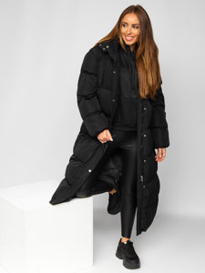 Bolf Damen Lange Gepolsterte Winterjacke mit Kapuze Schwarz  R6702