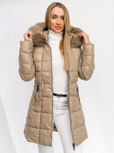 Bolf Damen Lange Gepolsterte Winzterjacke Mantel Beige z kapturem  16M9120