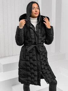 Bolf Damen Lange Gepolsterte Winzterjacke Mantel Schwarz z kapturem  11Z8179