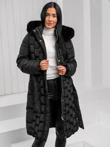 Bolf Damen Lange Gepolsterte Winzterjacke Mantel Schwarz z kapturem  11Z8179