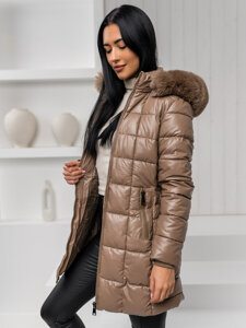 Bolf Damen Lange Geposlterte Winterjacke Mantel mit Kapuze Braun 16M9120