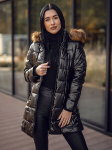 Bolf Damen Lange Geposlterte Winterjacke Mantel mit Kapuze Schwarz-Braun  16M9120