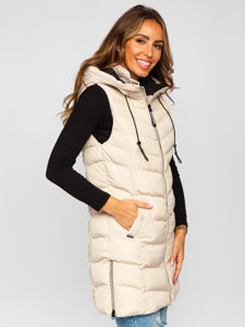 Bolf Damen Lange Steppweste mit Kapuze Beige  7048