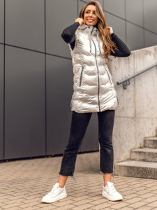 Bolf Damen Lange Steppweste mit Kapuze Weiß  7043