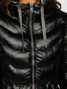 Bolf Damen Lange Winter Steppjacke mit Kapuze Schwarz  7074