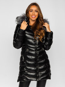 Bolf Damen Lange Winter Steppjacke mit Kapuze Schwarz  7076