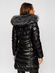 Bolf Damen Lange Winter Steppjacke mit Kapuze Schwarz  7076