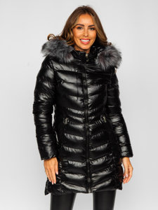 Bolf Damen Lange Winter Steppjacke mit Kapuze Schwarz  7076