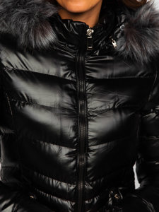 Bolf Damen Lange Winter Steppjacke mit Kapuze Schwarz  7076