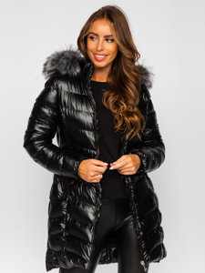 Bolf Damen Lange Winter Steppjacke mit Kapuze Schwarz  7076