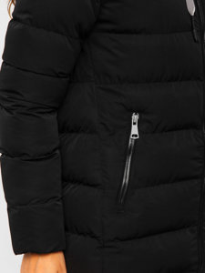 Bolf Damen Lange Winter Steppjacke mit Kapuze Schwarz  7081