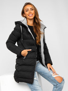 Bolf Damen Lange Winter Steppjacke mit Kapuze Schwarz  7081