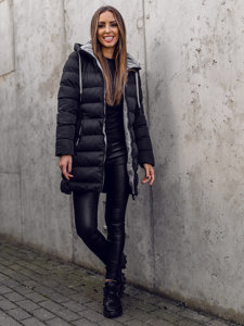 Bolf Damen Lange Winter Steppjacke mit Kapuze Schwarz  7081