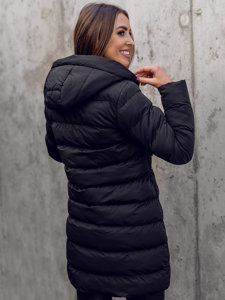 Bolf Damen Lange Winter Steppjacke mit Kapuze Schwarz  7081