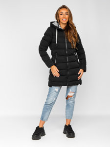 Bolf Damen Lange Winter Steppjacke mit Kapuze Schwarz  7081