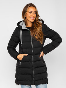 Bolf Damen Lange Winter Steppjacke mit Kapuze Schwarz  7081